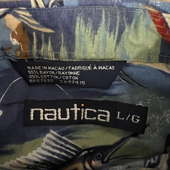Vintage Nautica Men's AOP Sailfish Marlin Button Up Camp Shirt Hawaii Aloha L - Picture 7 of 11